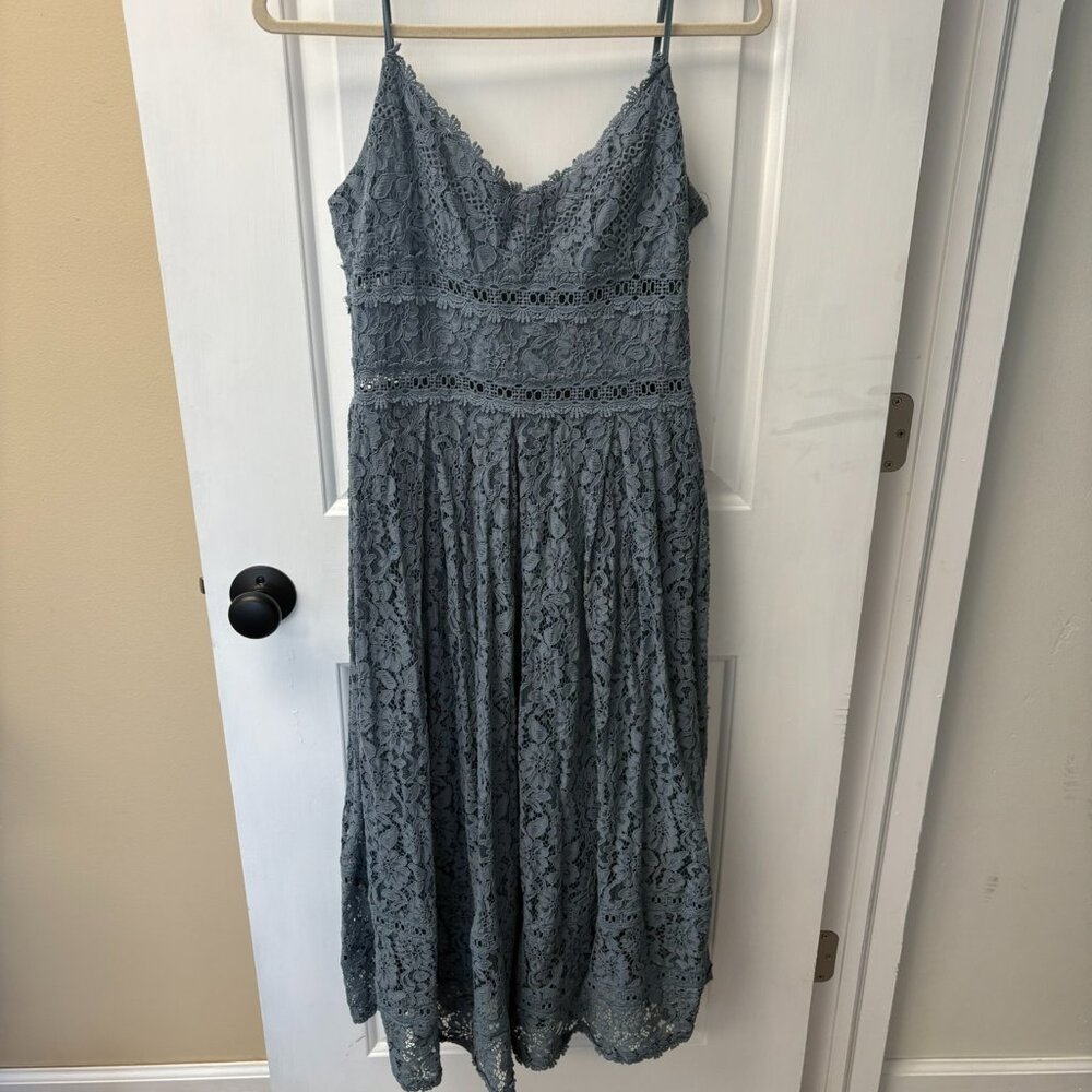 NSR Full Lace Spaghetti Strap Dusty Blue Midi Dress w/ Sheer Section